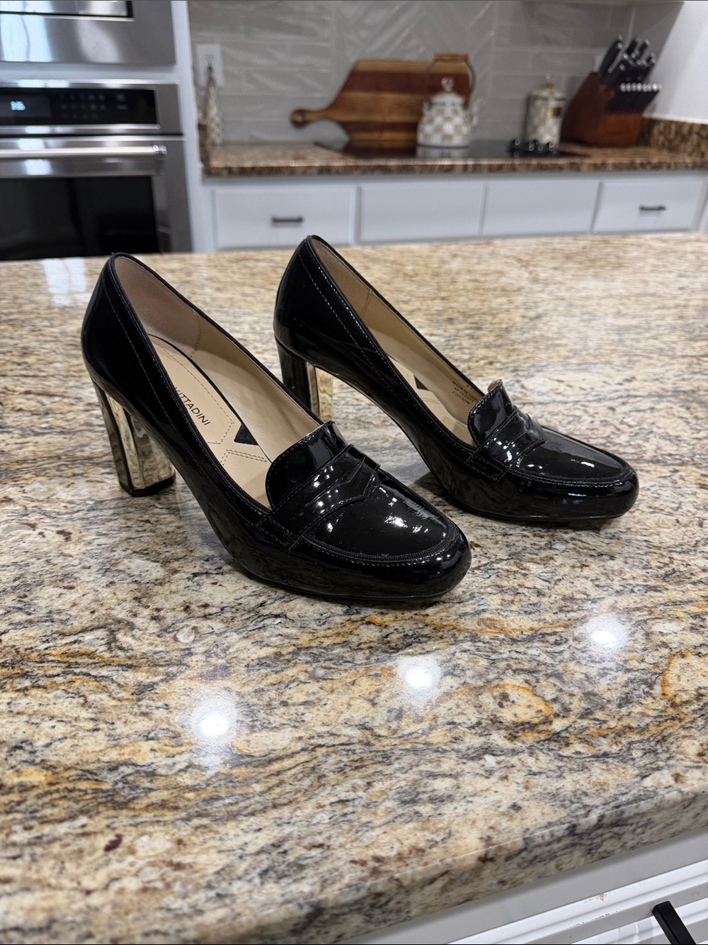 Adrienne Vittadini Black Patent Leather Block Heel Loafers